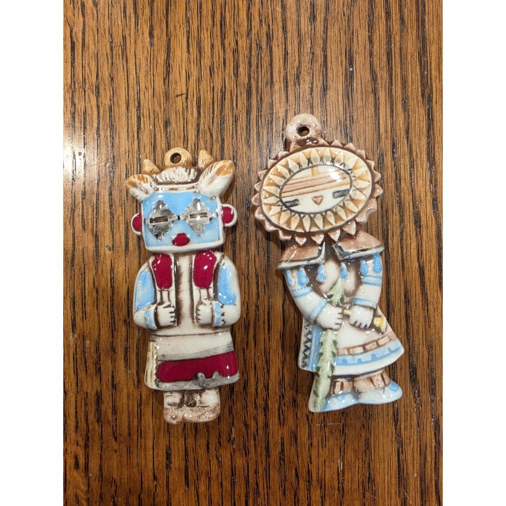 2 Vintage Southwestern 1980s Ceramic Hopi Kachina Style Hanging Ornaments